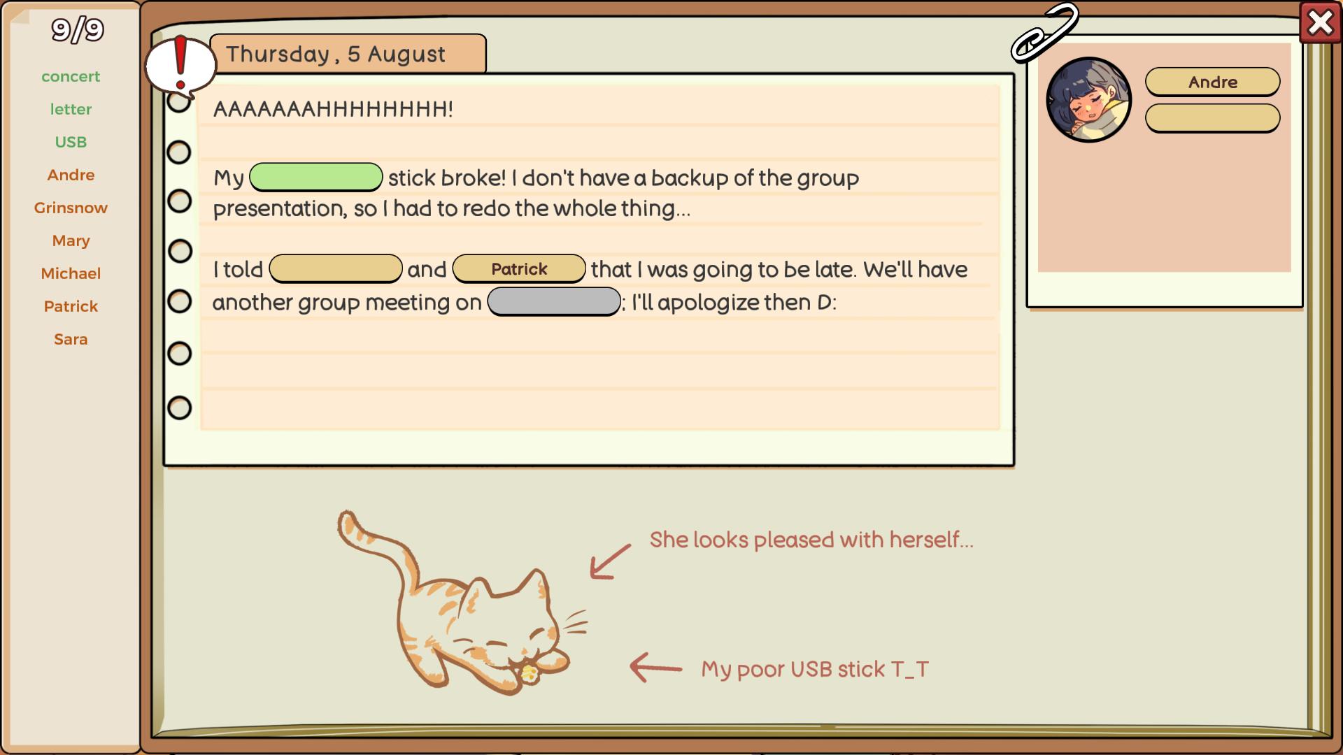 Gameplay view: Fill in her diary
