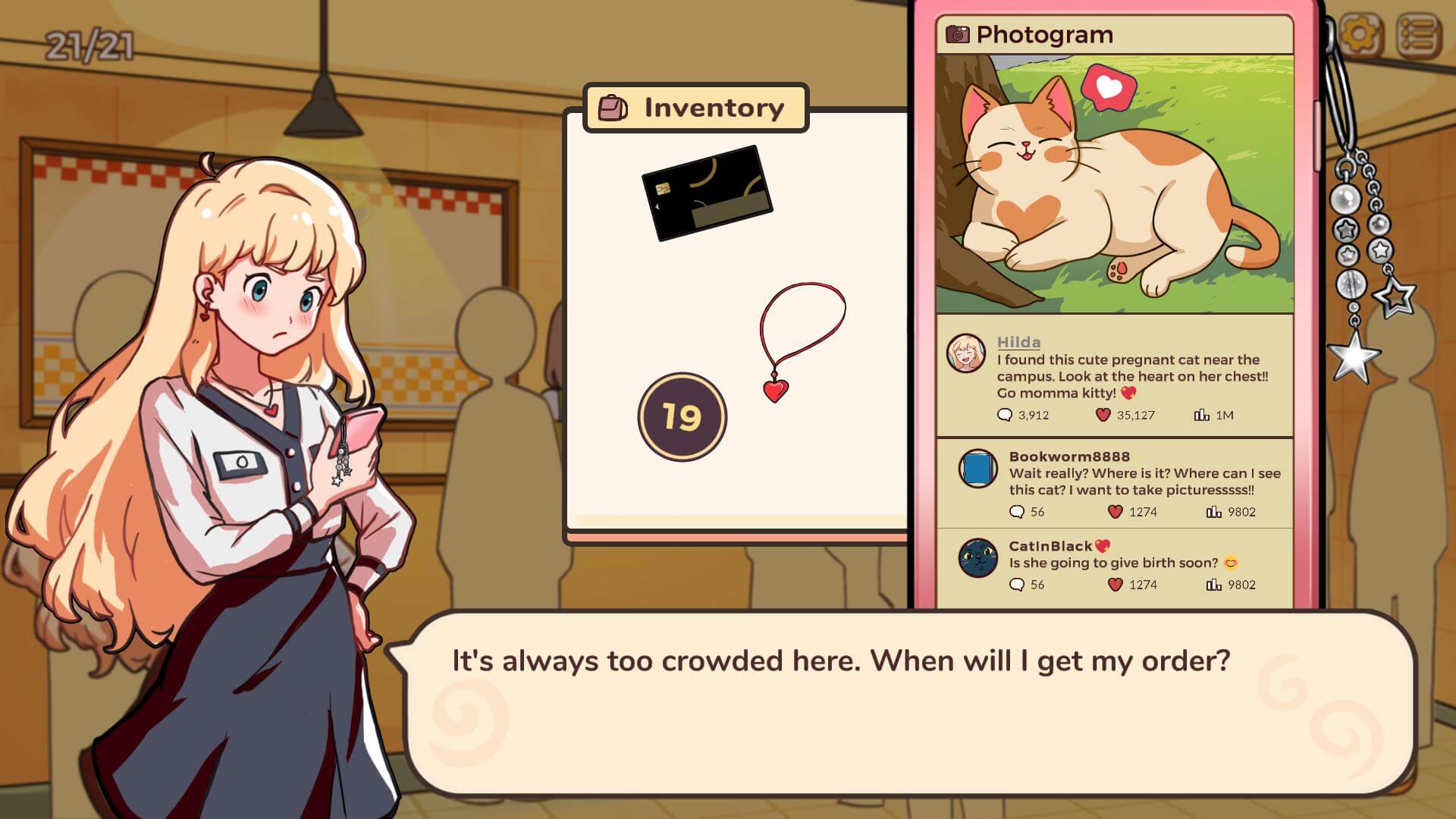 A blond girl is looking at her phone